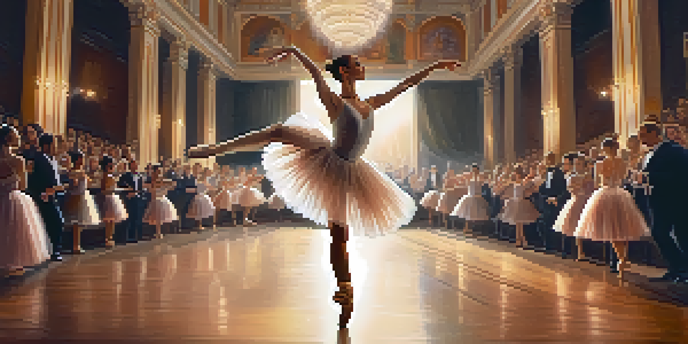 A ballet dancer performing a pirouette on stage with warm lighting and a blurred theater background.