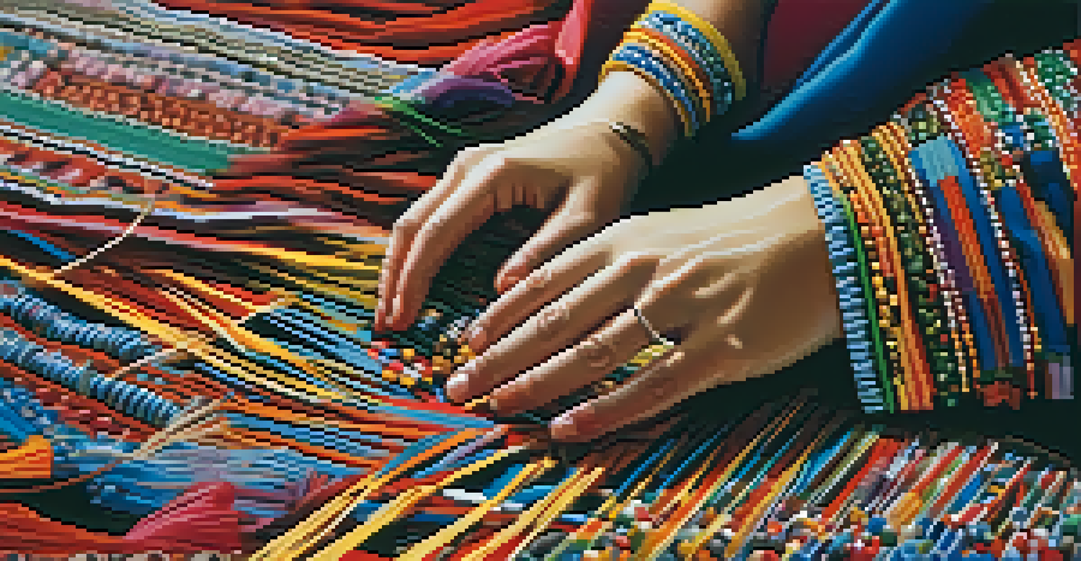 A close-up of hands weaving a traditional dance costume with colorful fabrics and intricate patterns, emphasizing craftsmanship and artistry.