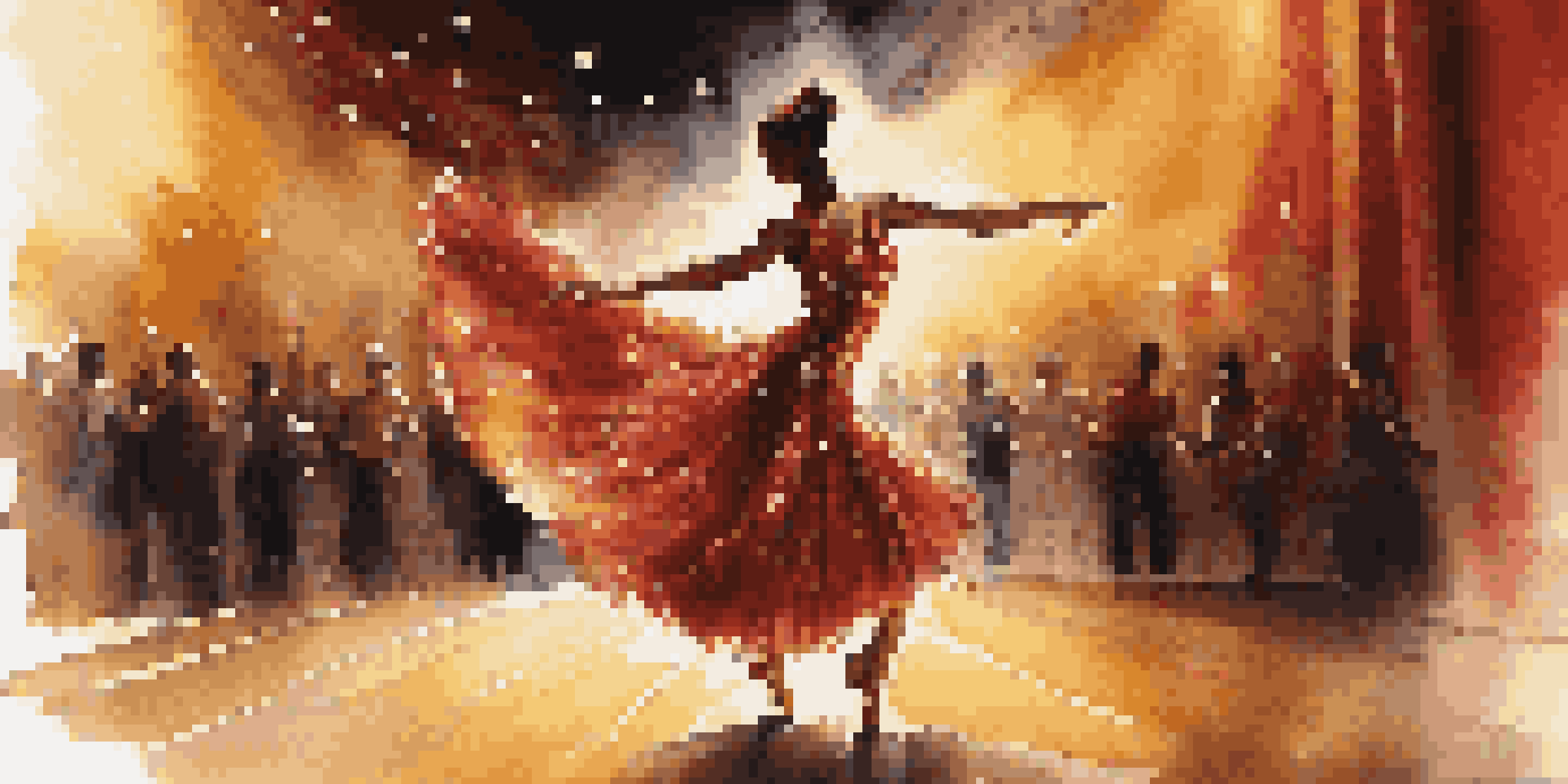 A jazz dancer in a sequined dress twirling on stage, illuminated by a spotlight in a dimly lit theater.