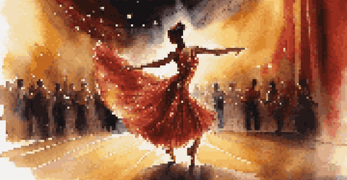 A jazz dancer in a sequined dress twirling on stage, illuminated by a spotlight in a dimly lit theater.