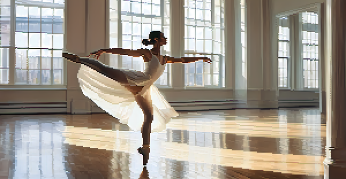 A dancer mid-leap in a sunlit dance studio, wearing a flowing white costume. The background includes wooden floors and mirrors, with warm light streaming through large windows.