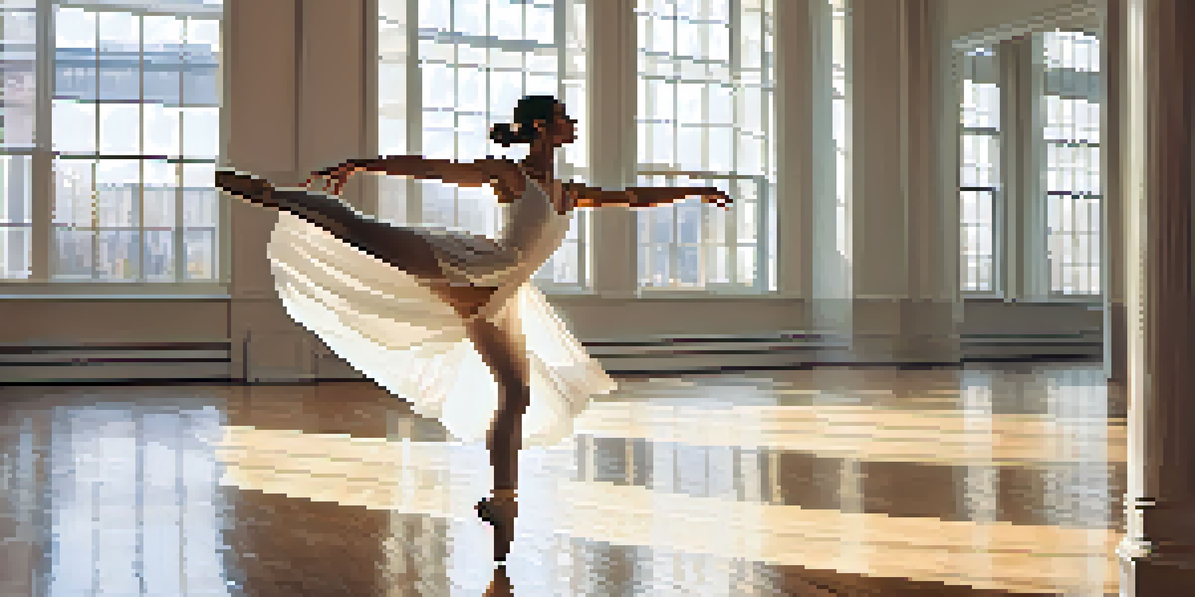 A dancer mid-leap in a sunlit dance studio, wearing a flowing white costume. The background includes wooden floors and mirrors, with warm light streaming through large windows.