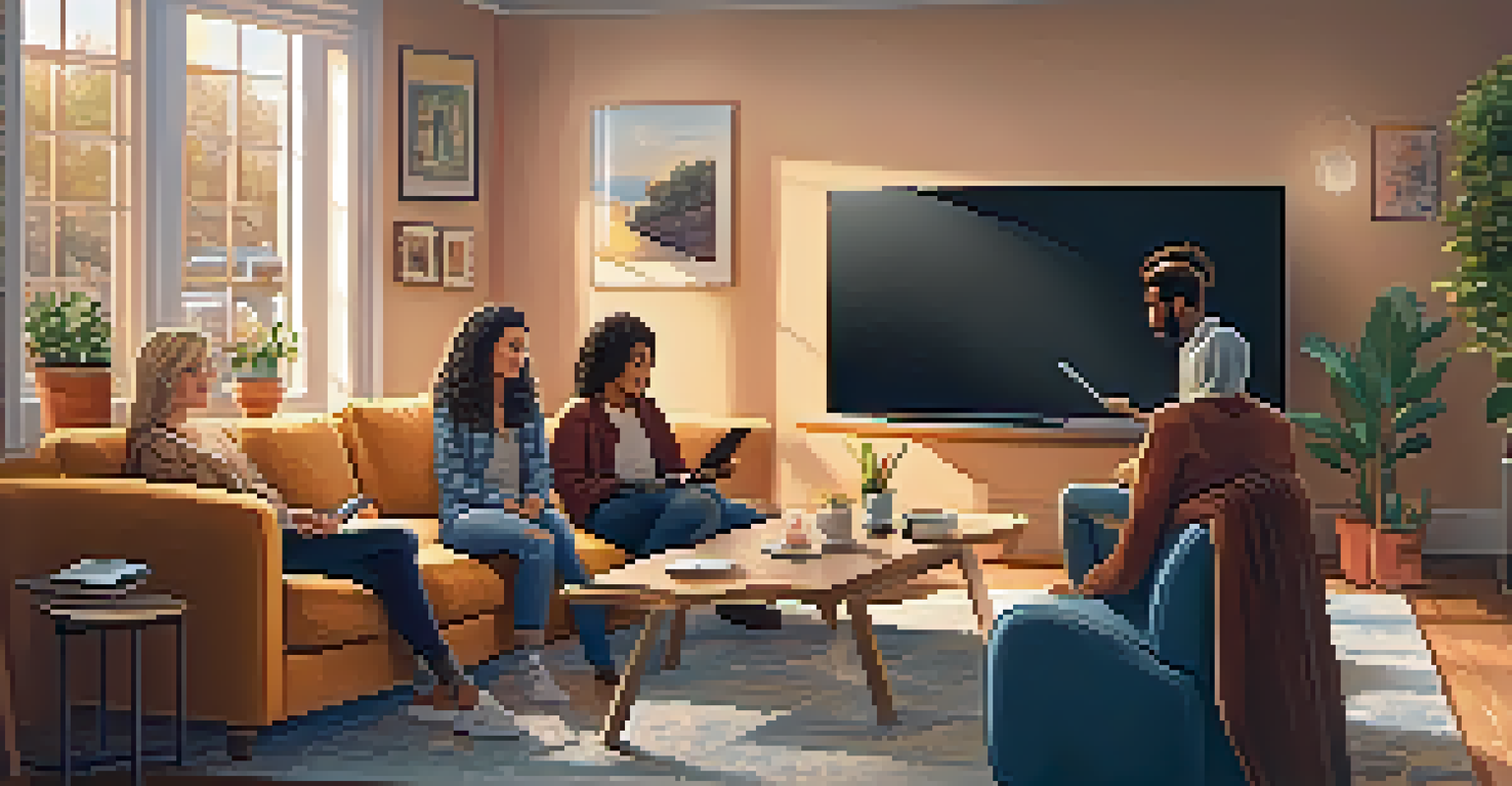 A group of friends in a cozy living room watching a dance tutorial on TV, with one person practicing in the background.