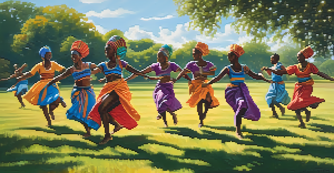 A lively African dance performance with male and female dancers in colorful clothing, set against a natural backdrop of trees and a blue sky.