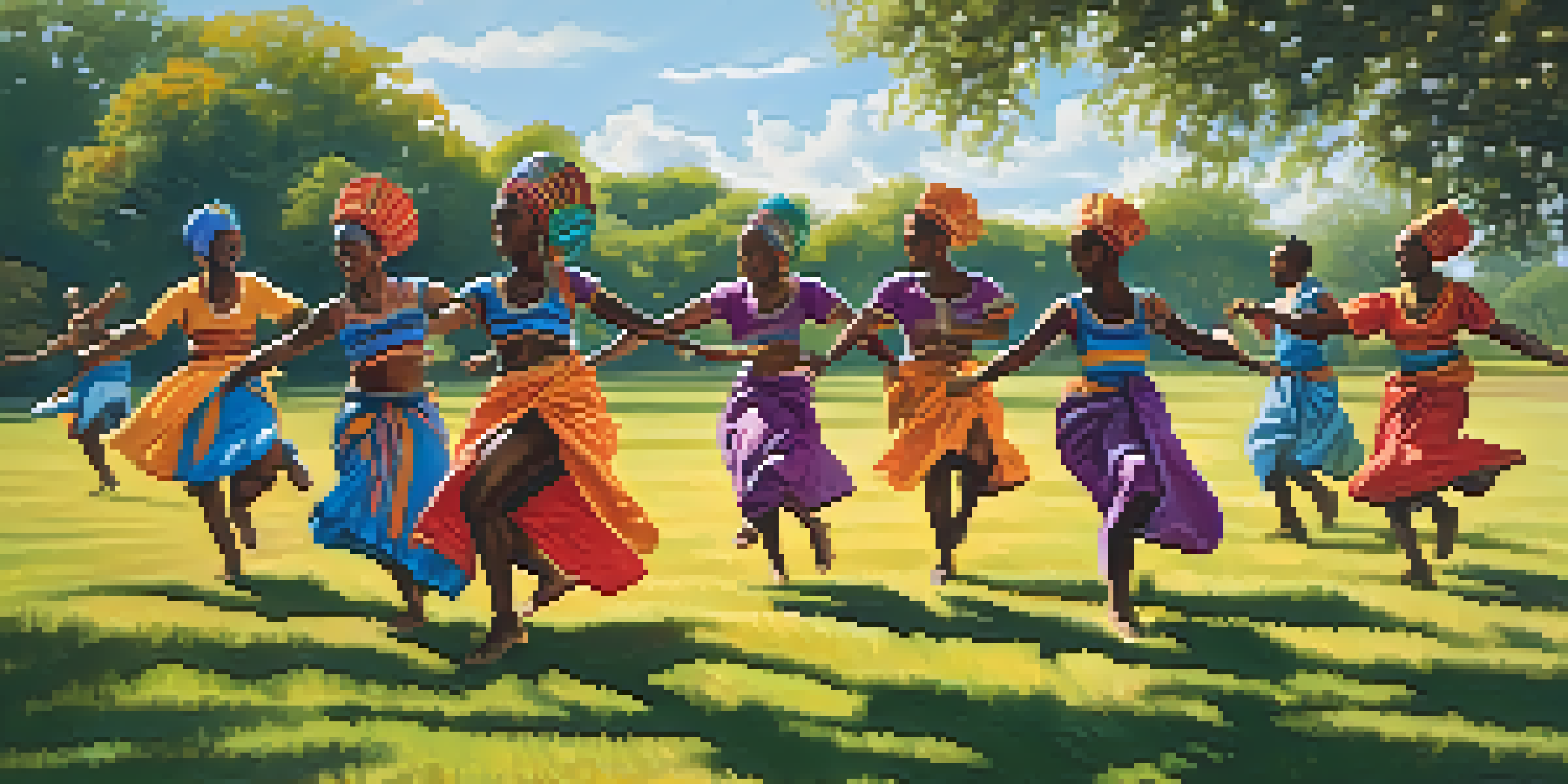 A lively African dance performance with male and female dancers in colorful clothing, set against a natural backdrop of trees and a blue sky.