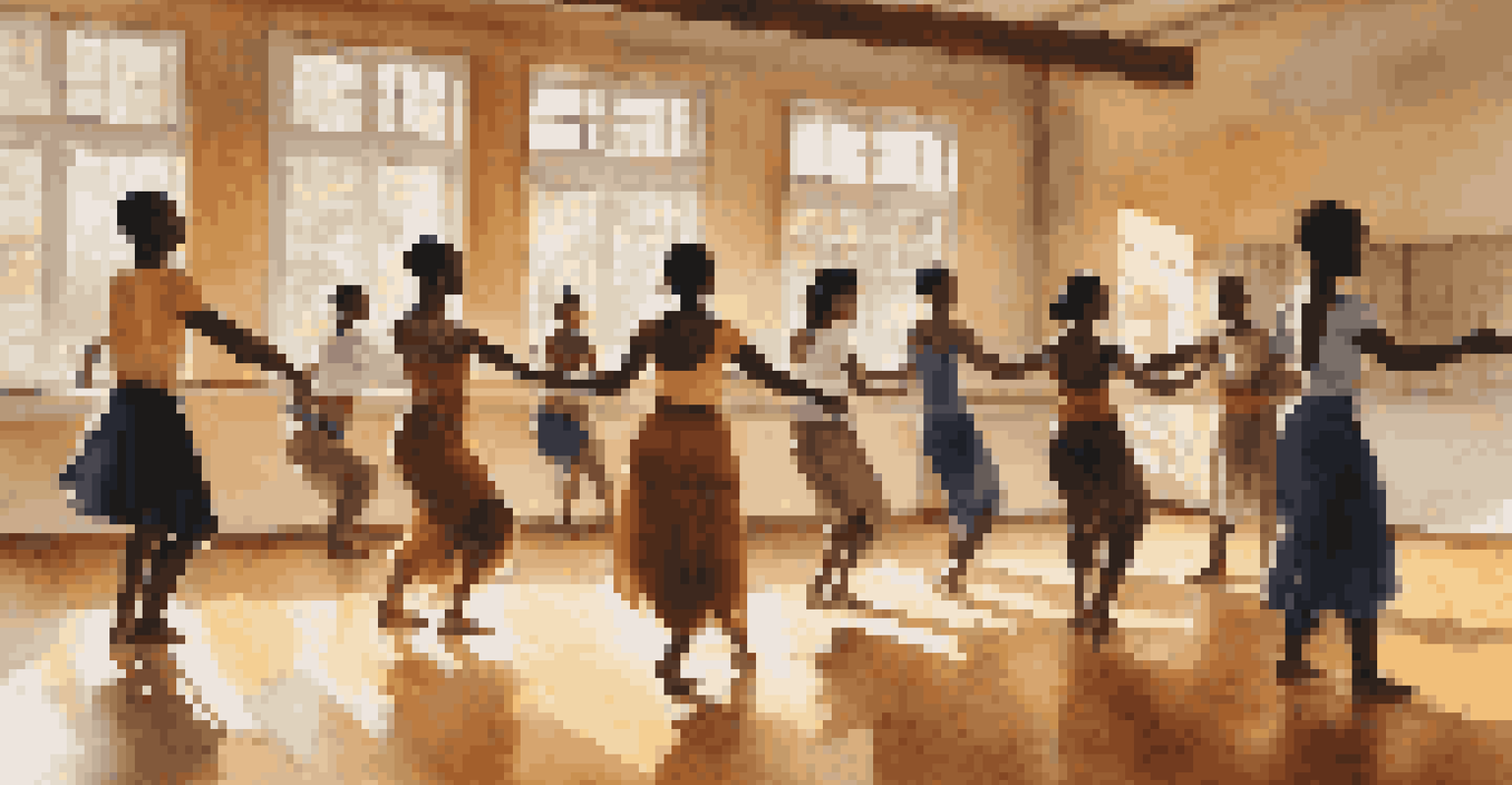 A sunlit dance class with students learning traditional African dance, showcasing focused expressions and a sense of community in a warm studio.