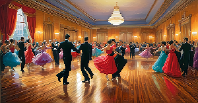 A lively ballroom filled with dancers in formal wear, set against a warmly lit backdrop with colorful decorations.