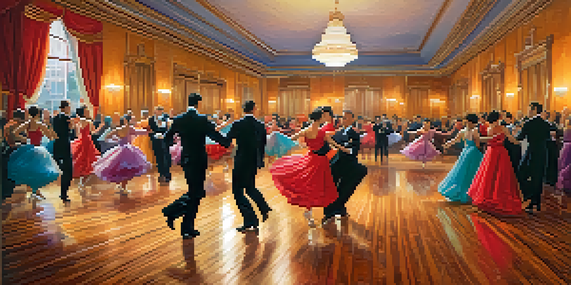 A lively ballroom filled with dancers in formal wear, set against a warmly lit backdrop with colorful decorations.