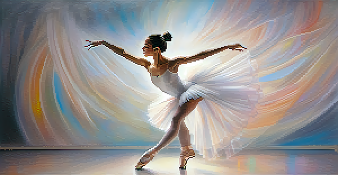 A ballet dancer in a white tutu striking a graceful pose with pastel lights and abstract shapes in the background.