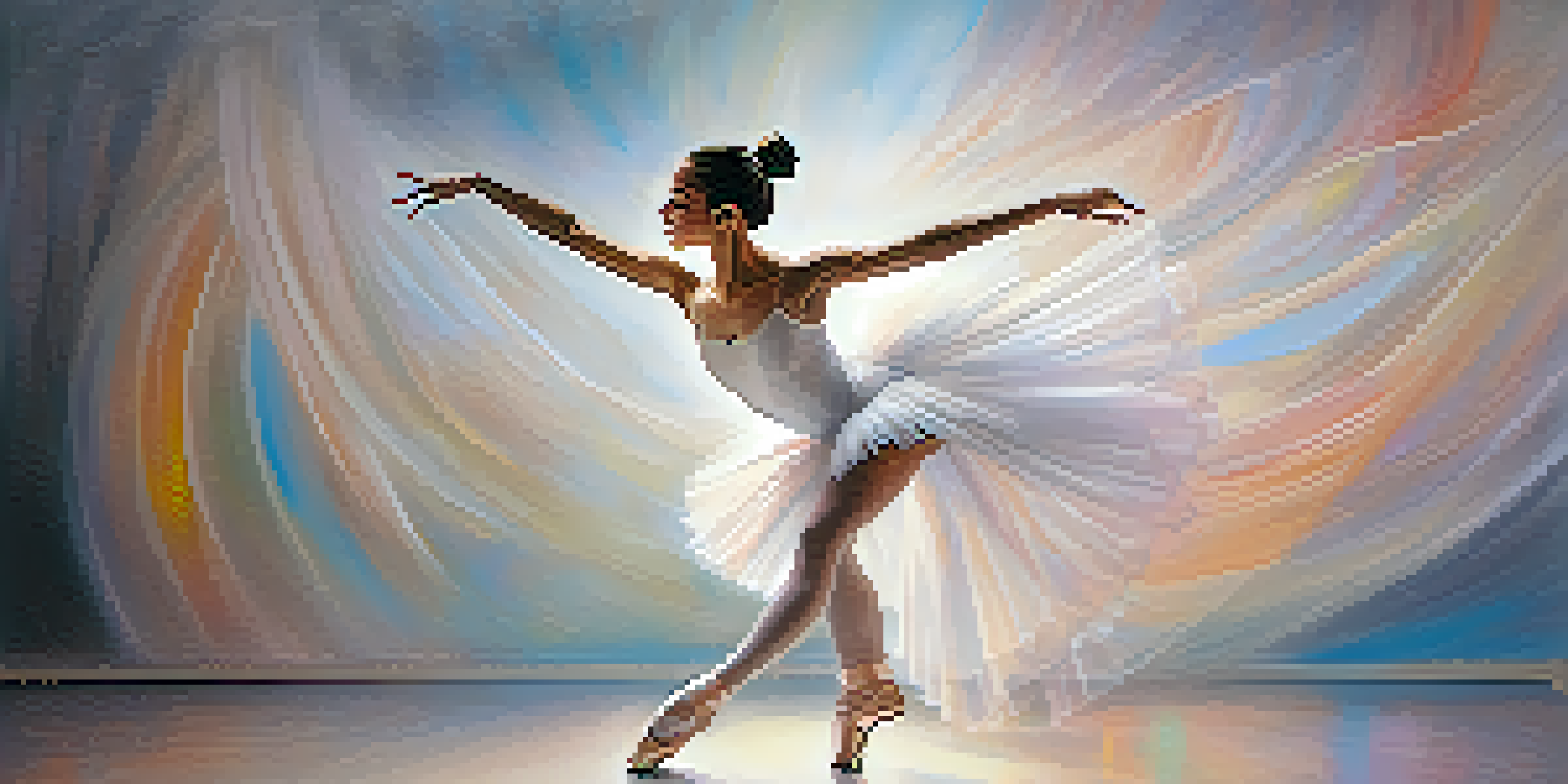 A ballet dancer in a white tutu striking a graceful pose with pastel lights and abstract shapes in the background.