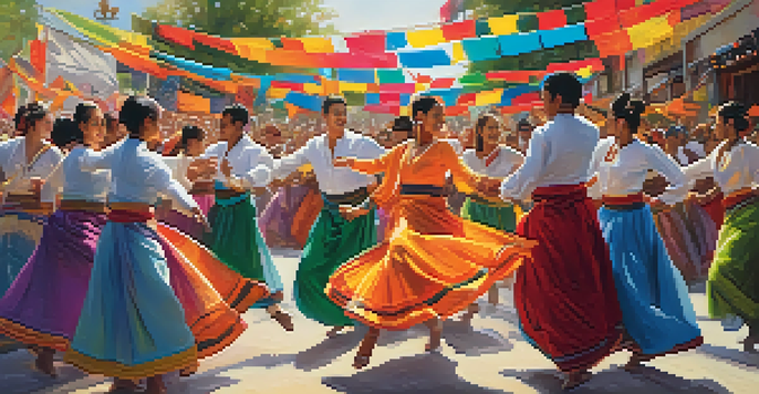 A lively scene of a dance festival with dancers in colorful traditional and modern outfits performing in front of an engaged crowd.