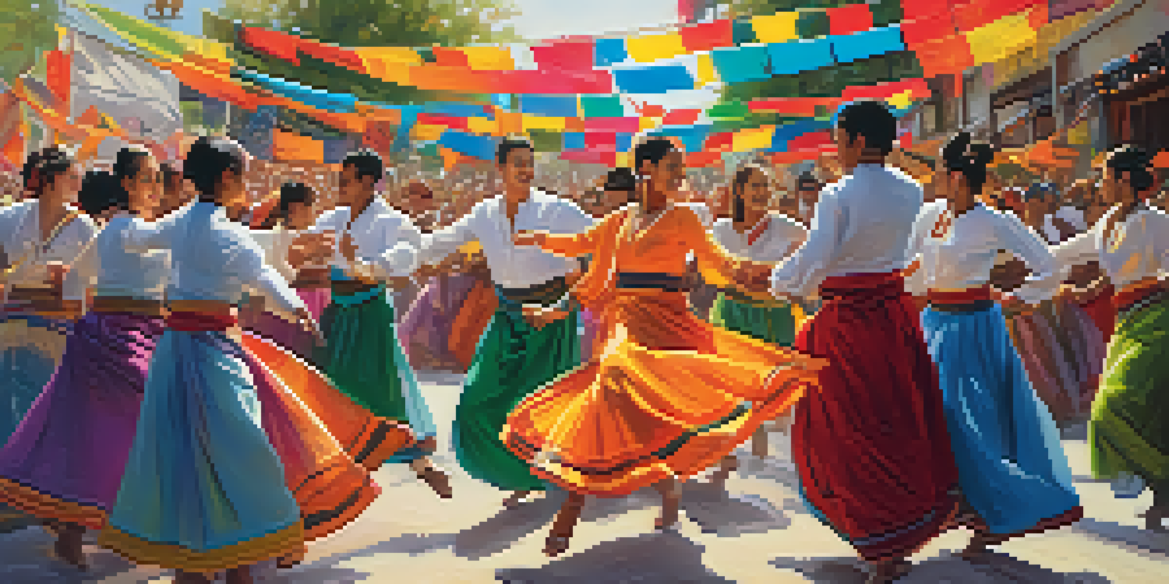 A lively scene of a dance festival with dancers in colorful traditional and modern outfits performing in front of an engaged crowd.