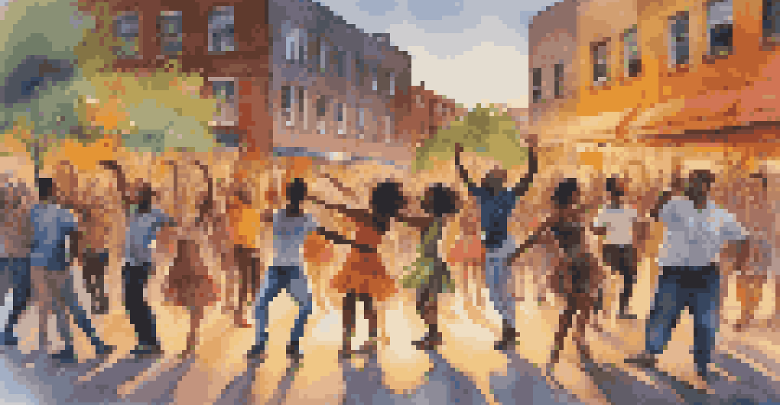 A group of dancers in a cypher surrounded by an audience, with colorful street art in the background.