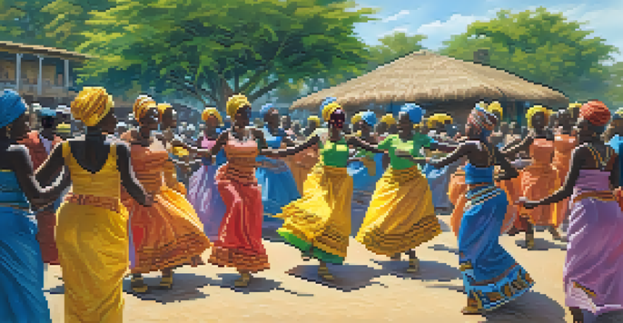 A lively scene of West African dancers in colorful traditional clothing, performing energetic movements in a village square surrounded by greenery.