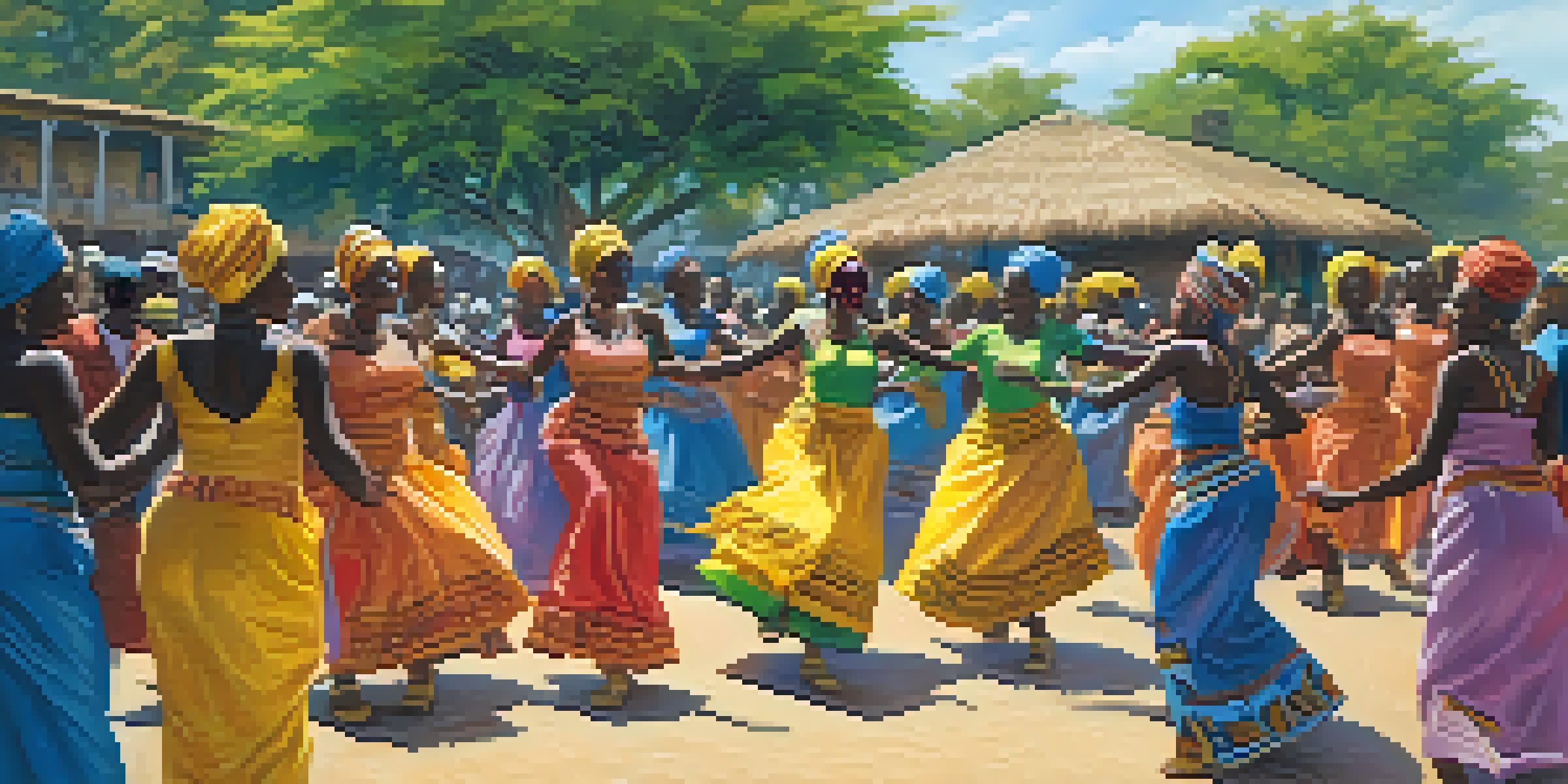 A lively scene of West African dancers in colorful traditional clothing, performing energetic movements in a village square surrounded by greenery.