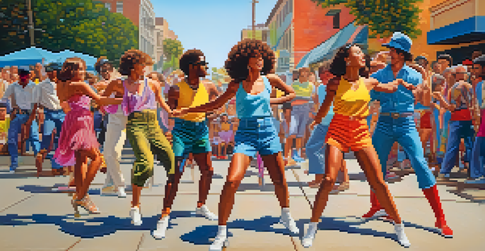 A lively street scene from the 1970s in California with dancers performing popping and locking moves amidst colorful graffiti and a festive atmosphere.