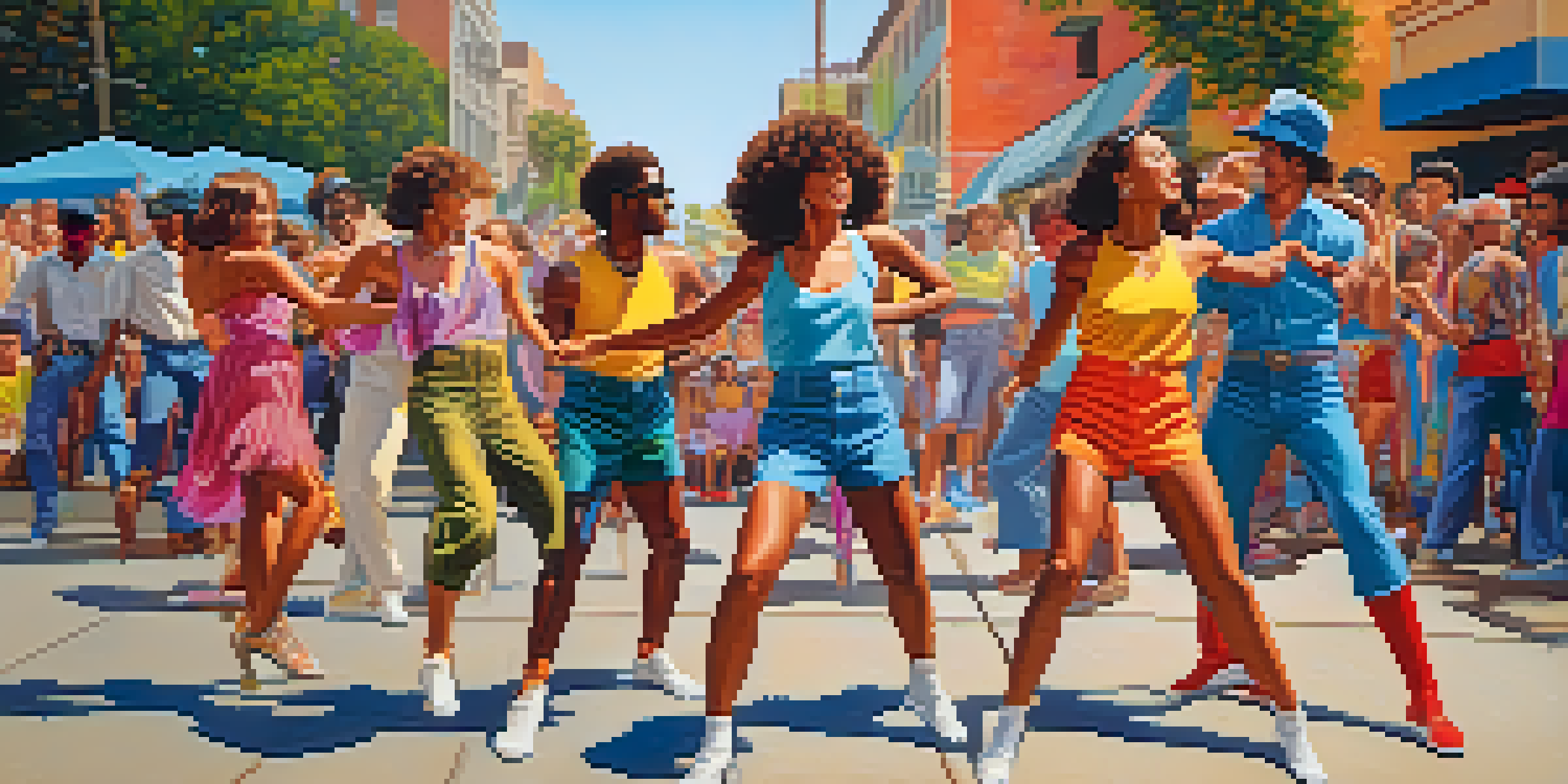 A lively street scene from the 1970s in California with dancers performing popping and locking moves amidst colorful graffiti and a festive atmosphere.