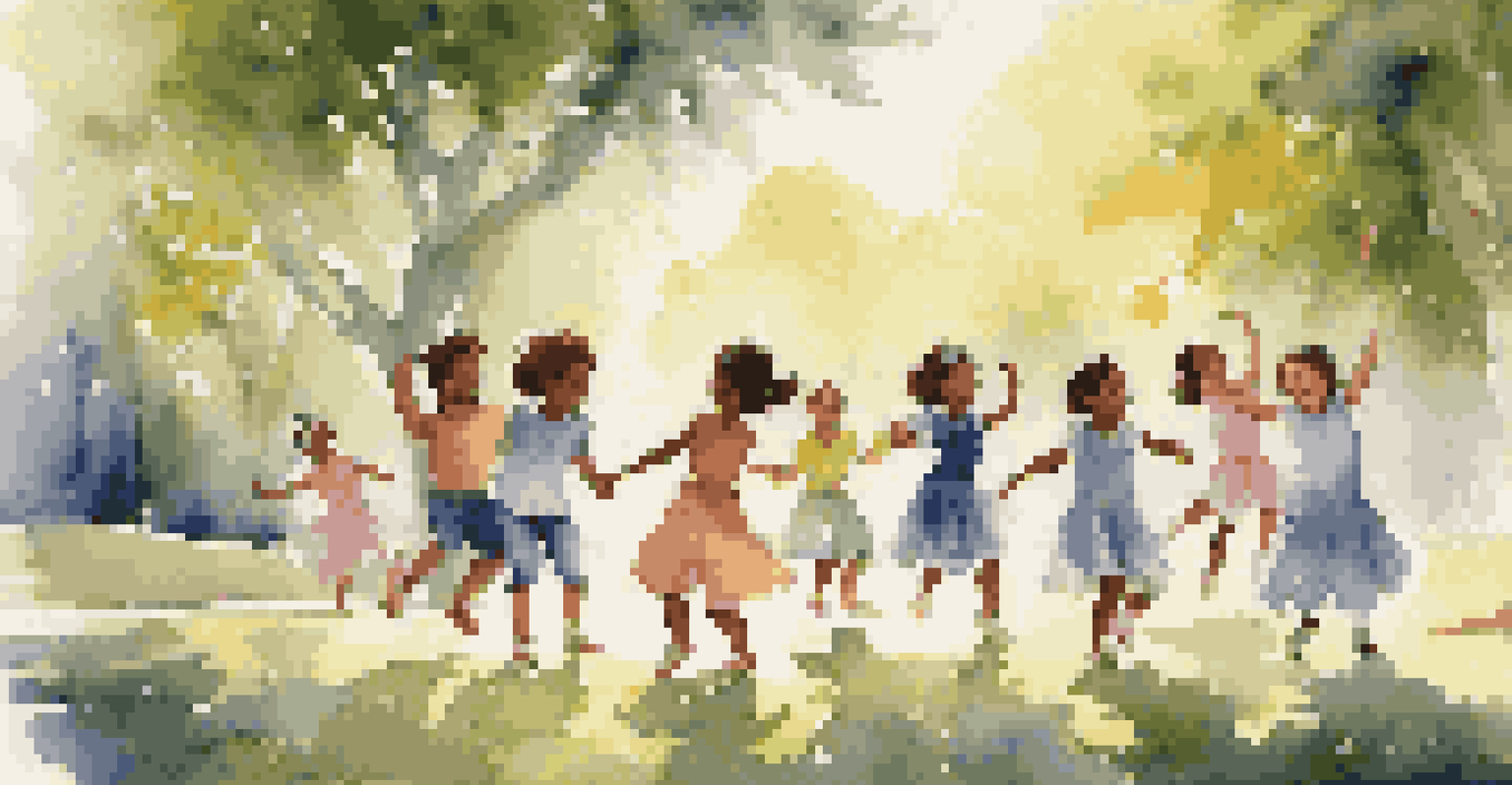 Children in a park creating a dance routine inspired by a historical story, surrounded by nature.