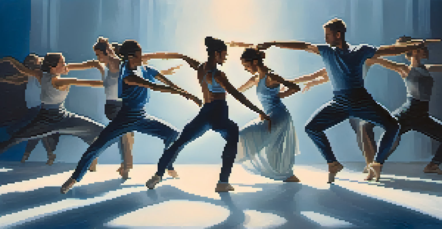 A diverse group of contemporary dancers in dynamic poses on a minimalist stage illuminated by soft blue lighting.