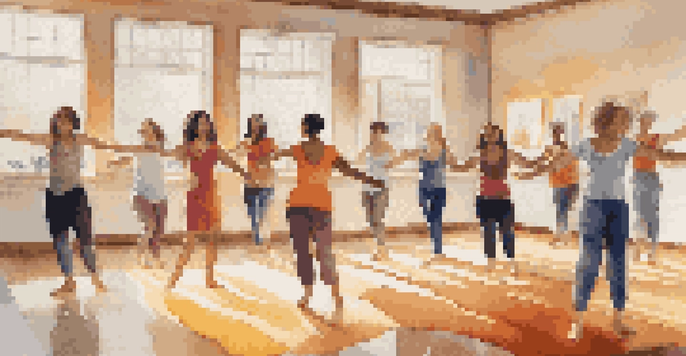 A diverse group of participants engaging in dance therapy in a sunlit studio, expressing their emotions through movement with warm lighting and colorful mats.