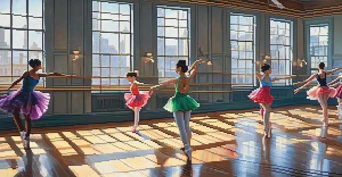A lively dance classroom with women of different backgrounds practicing various dance styles, illuminated by natural light from large windows.