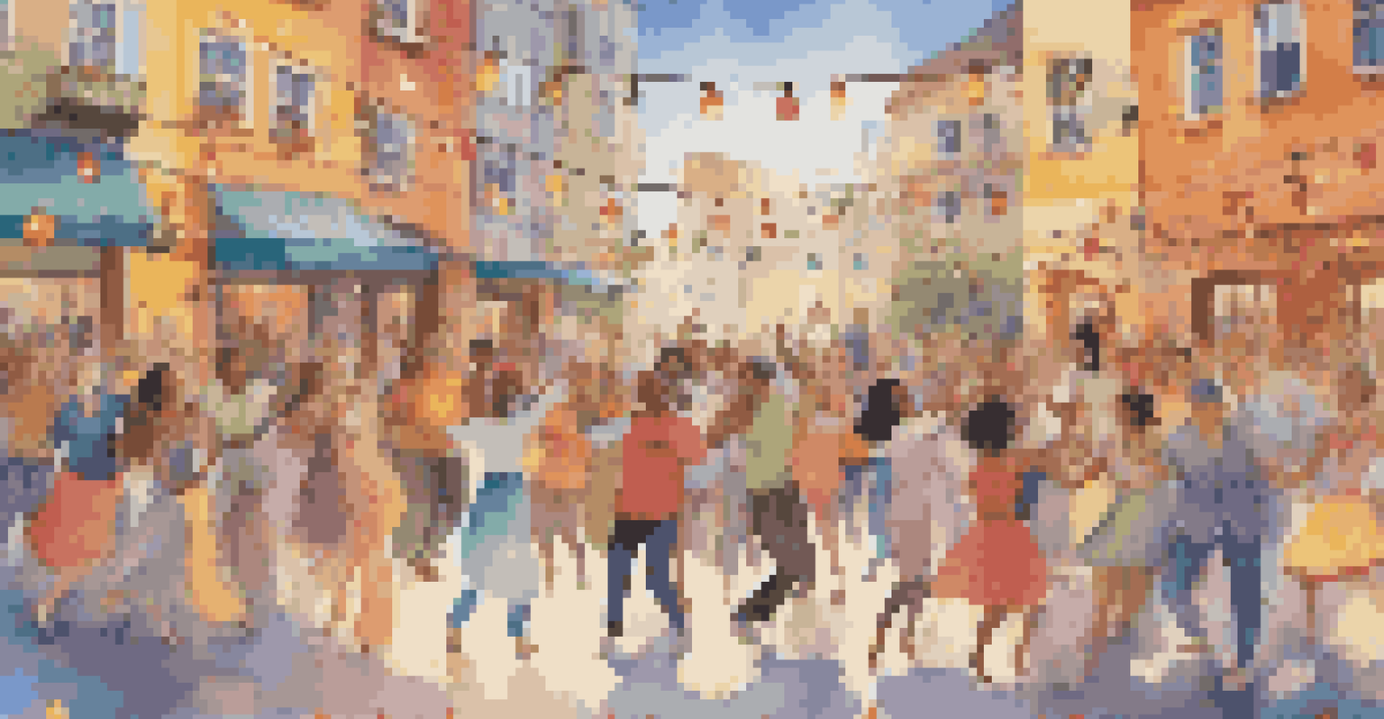 A lively animated dance party in a colorful city square with diverse characters celebrating together.