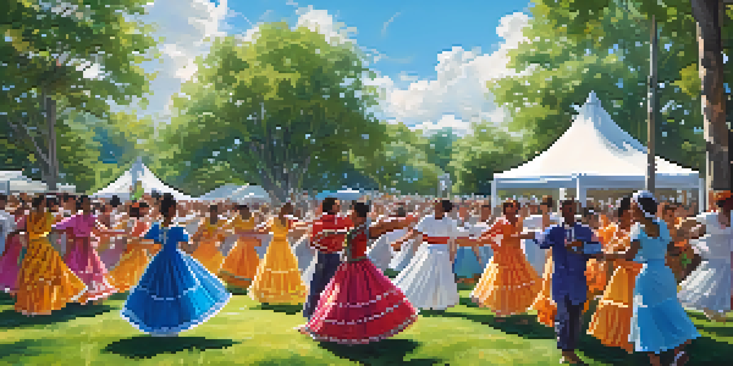A lively outdoor dance event featuring people in colorful traditional costumes dancing in a park, with an enthusiastic audience and bright sunlight filtering through trees.