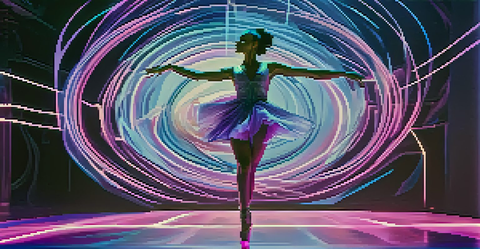 A dancer performing in a futuristic digital environment with augmented reality effects, surrounded by swirling colors and shapes.