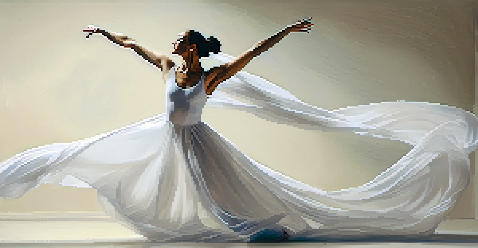 A contemporary dancer in a flowing costume, expressing emotion through movement in a minimalist setting.