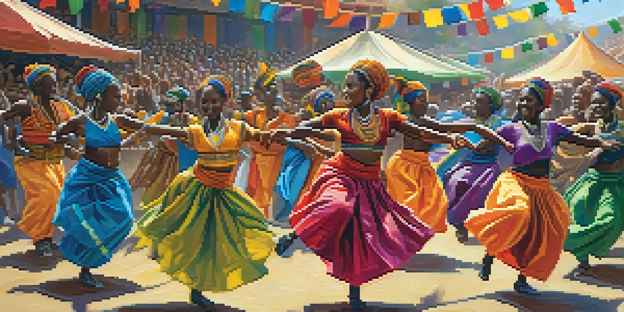 A lively outdoor festival with dancers showcasing a blend of traditional African and contemporary dance styles, surrounded by colorful decorations and an enthusiastic audience.