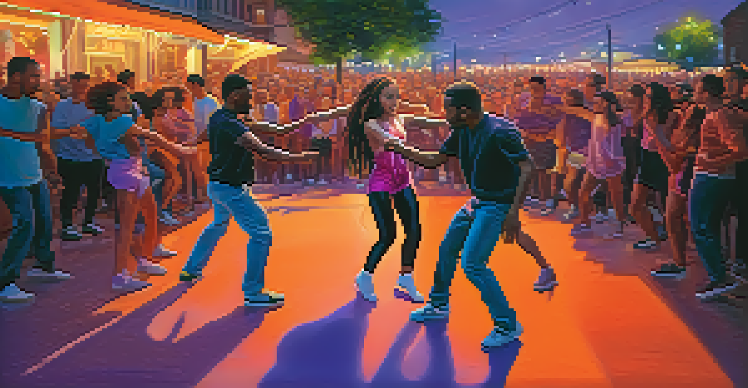 A dance battle in an urban setting at dusk, with two dancers performing surrounded by an enthusiastic crowd and illuminated by colorful lights.