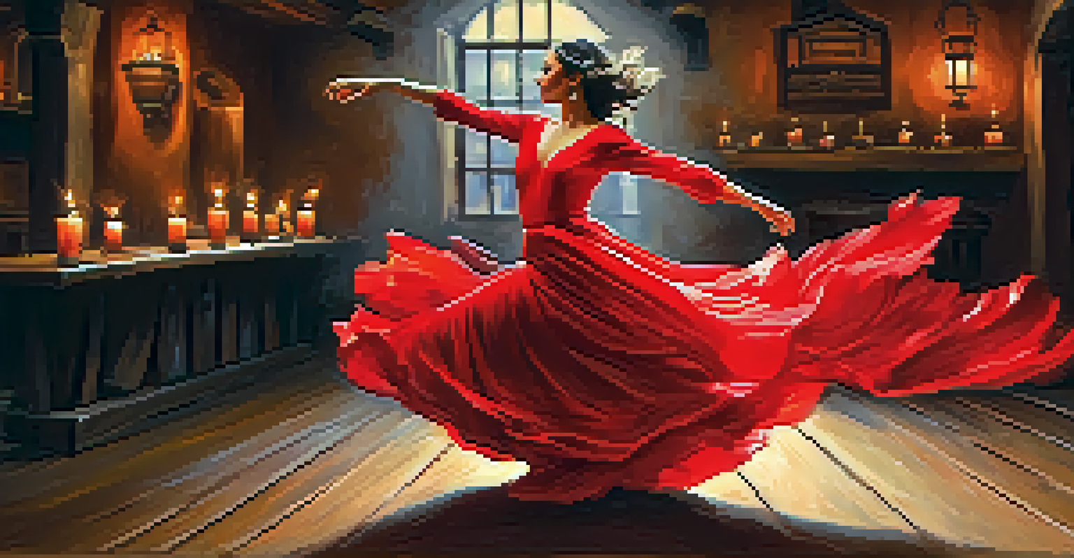 A flamenco dancer in a red dress performing in a dimly lit Spanish tavern, showcasing her passionate movements.