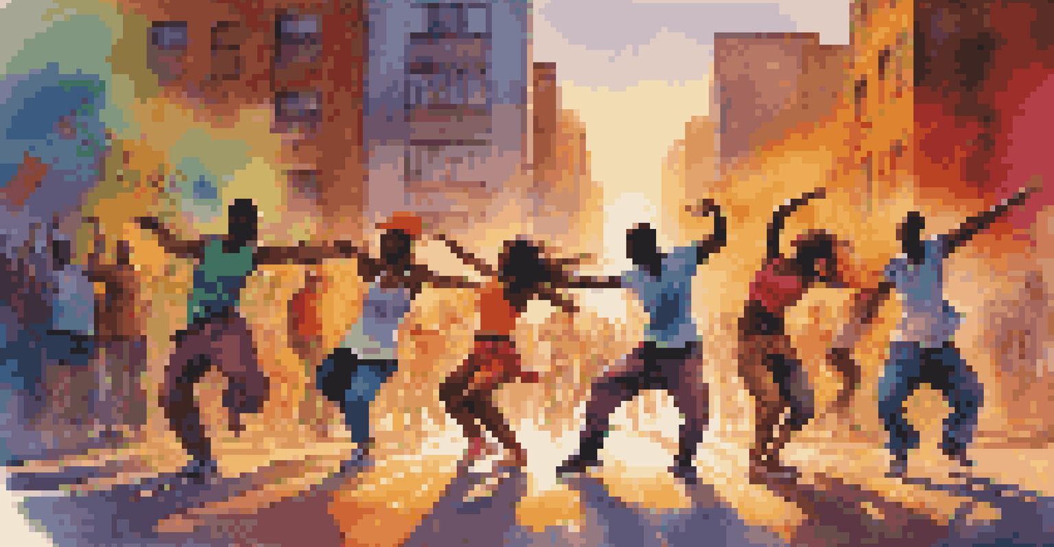 Street dancers performing in front of colorful graffiti, captured in dynamic poses with a warm sunset glow.