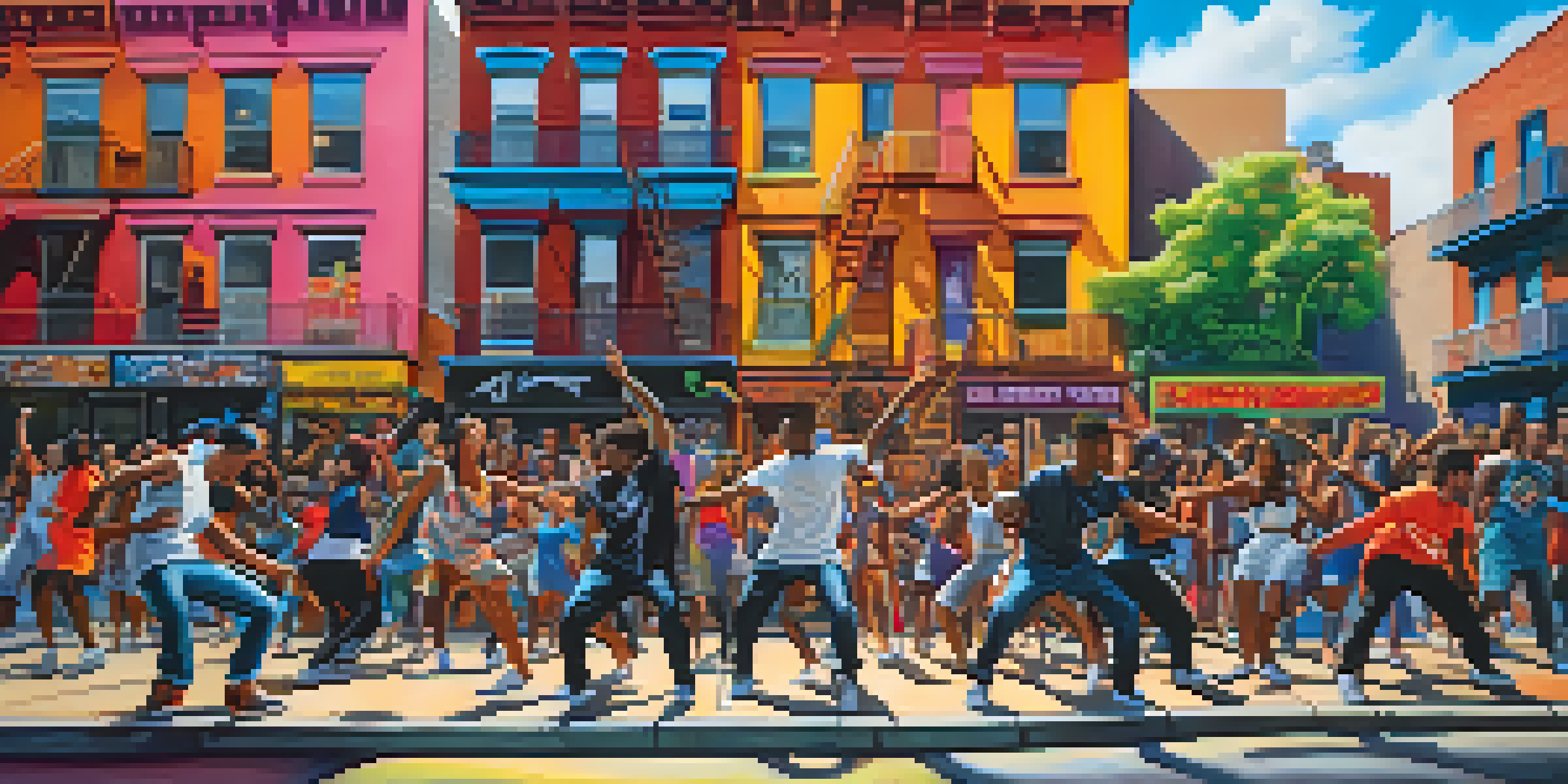 A group of diverse hip-hop dancers performing in front of a graffiti-covered wall in an urban setting, showcasing their dynamic movements.