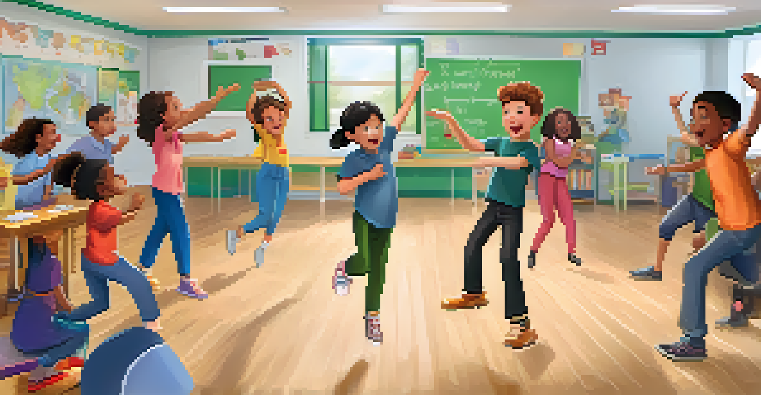 Students in a classroom playing dance charades, using props and expressing themselves with joy and excitement.