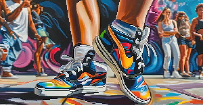 A close-up view of a dancer's feet showcasing energetic footwork against a colorful graffiti backdrop, capturing the essence of street dance.