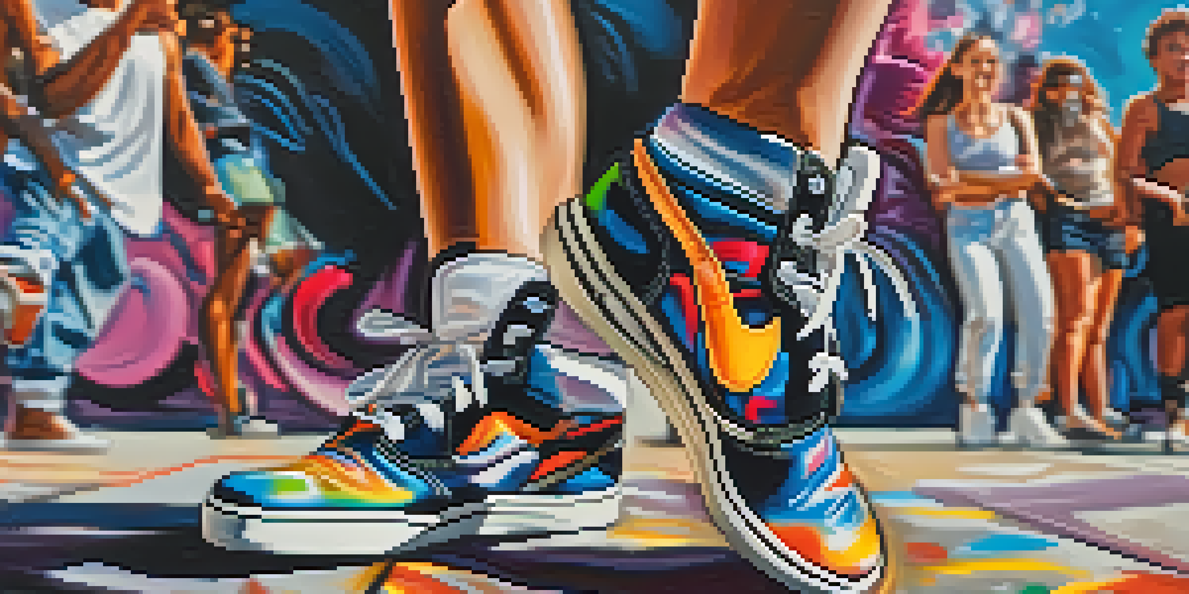 A close-up view of a dancer's feet showcasing energetic footwork against a colorful graffiti backdrop, capturing the essence of street dance.