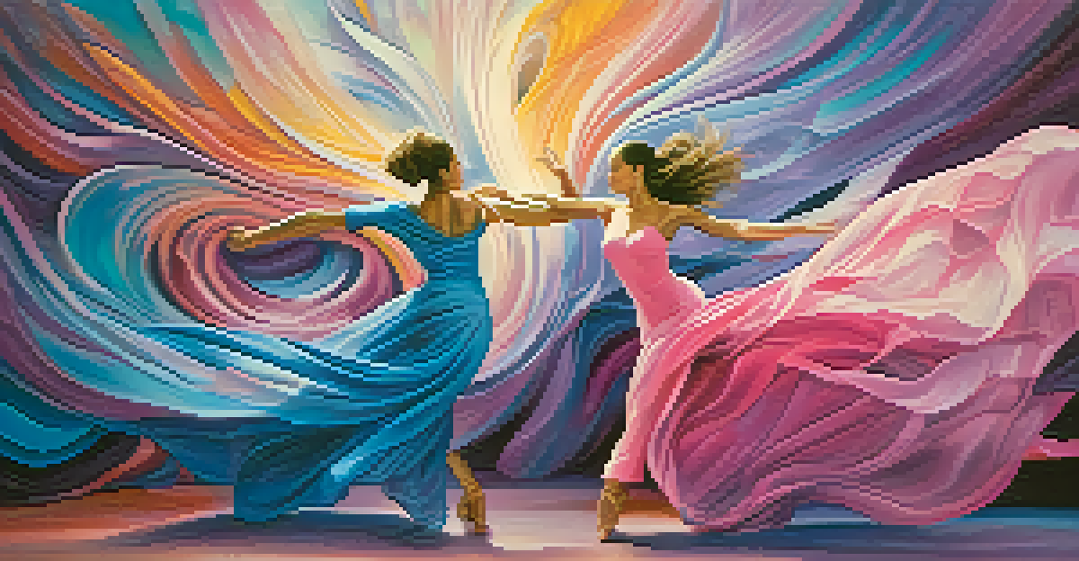 An abstract artwork depicting flowing lines and shapes in vibrant colors, symbolizing dance and movement.