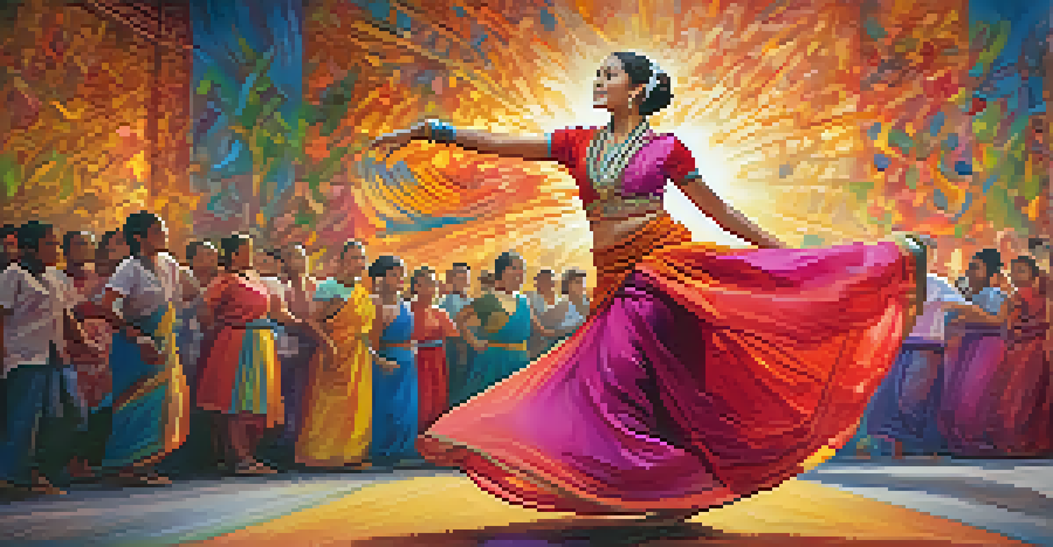 A dancer in traditional attire captured mid-movement, surrounded by colorful murals and a cheering audience, illuminated by warm lighting.