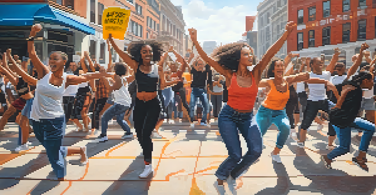 A dynamic dance protest in an urban square, featuring activists performing a choreographed routine with strong expressions and social justice banners in the background.