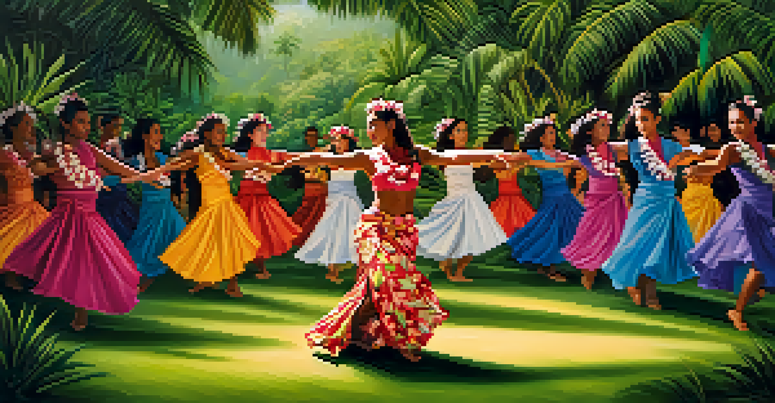 A dancer performing a fusion of traditional Hawaiian hula and contemporary dance amidst lush tropical foliage, showcasing the beauty of cultural collaboration.