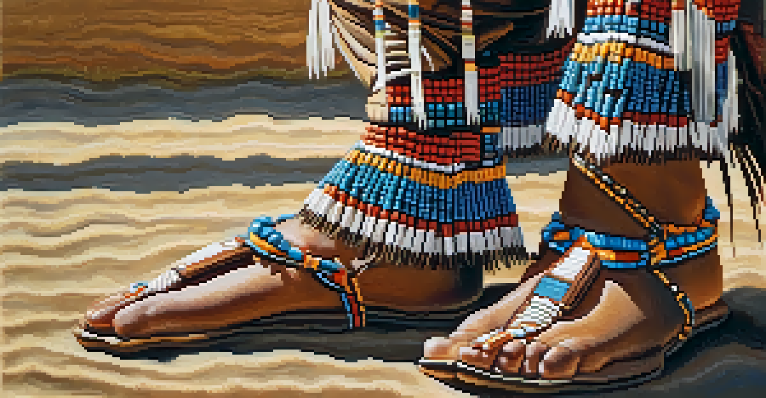 A close-up of a dancer's feet in beaded moccasins during a healing dance, with earthy ground and sunlight creating a textured atmosphere.