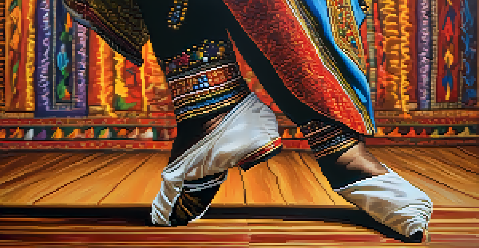 A close-up of a dancer's feet in traditional shoes executing intricate footwork on a beautifully decorated wooden stage.