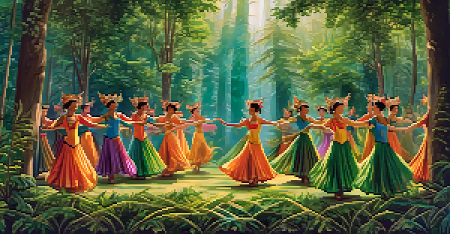 Dancers in colorful costumes performing in a forest-like stage setting with soft golden lighting.