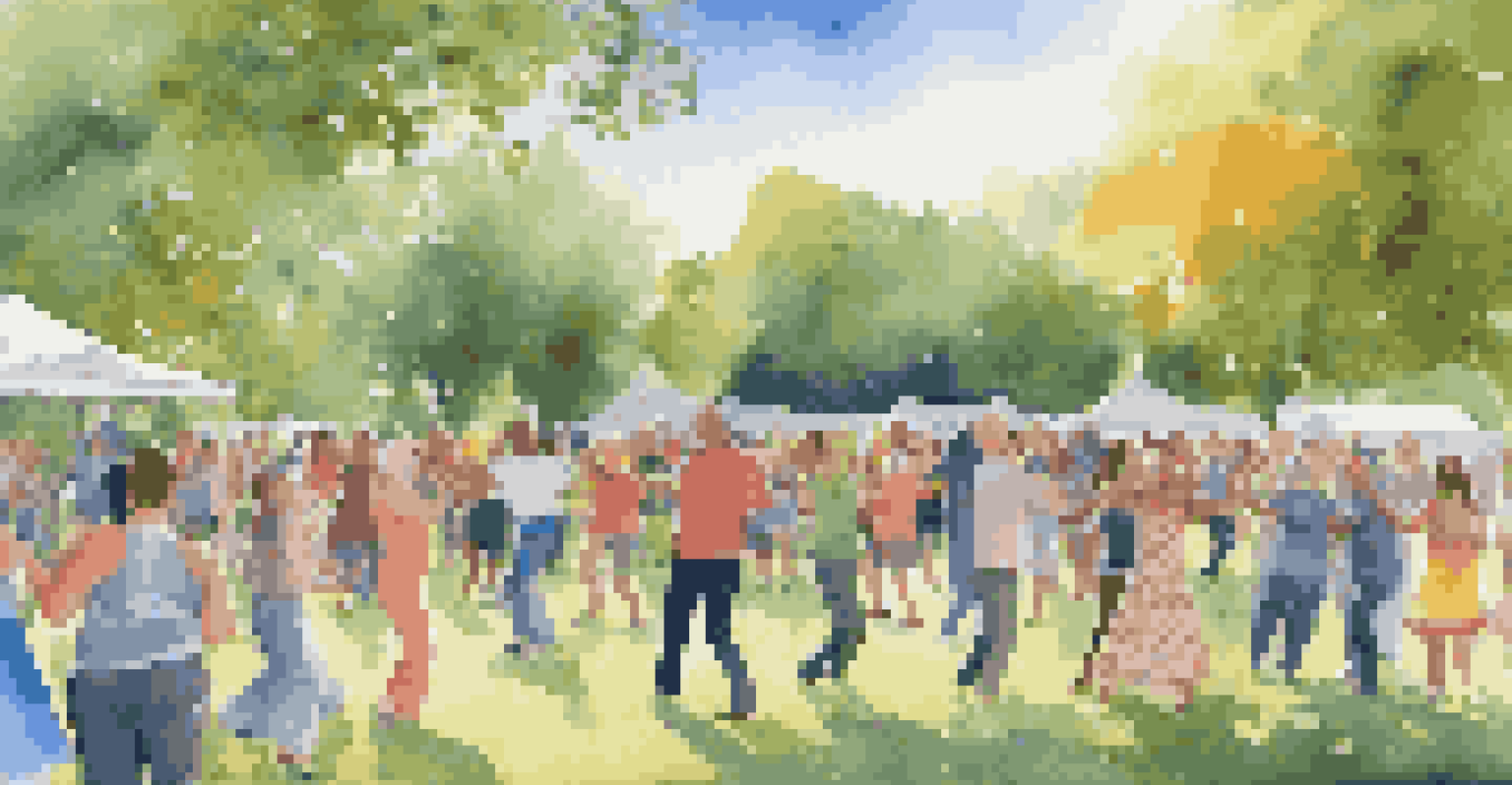 A community dance event in a park with participants of all ages dancing together surrounded by nature.