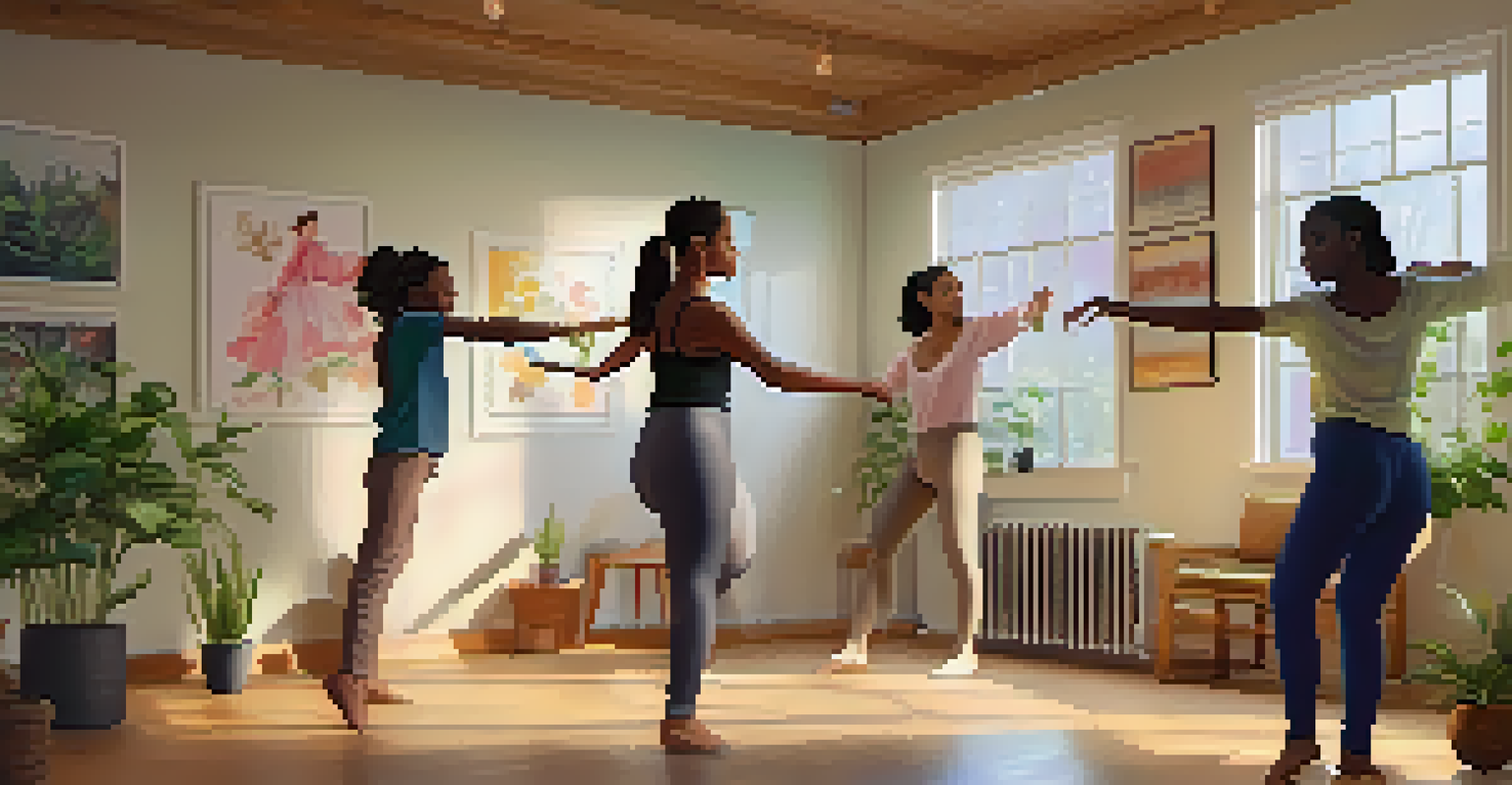A dance therapy session in a cozy studio with a professional instructor guiding at-risk youth through expressive movements, surrounded by calming decor.