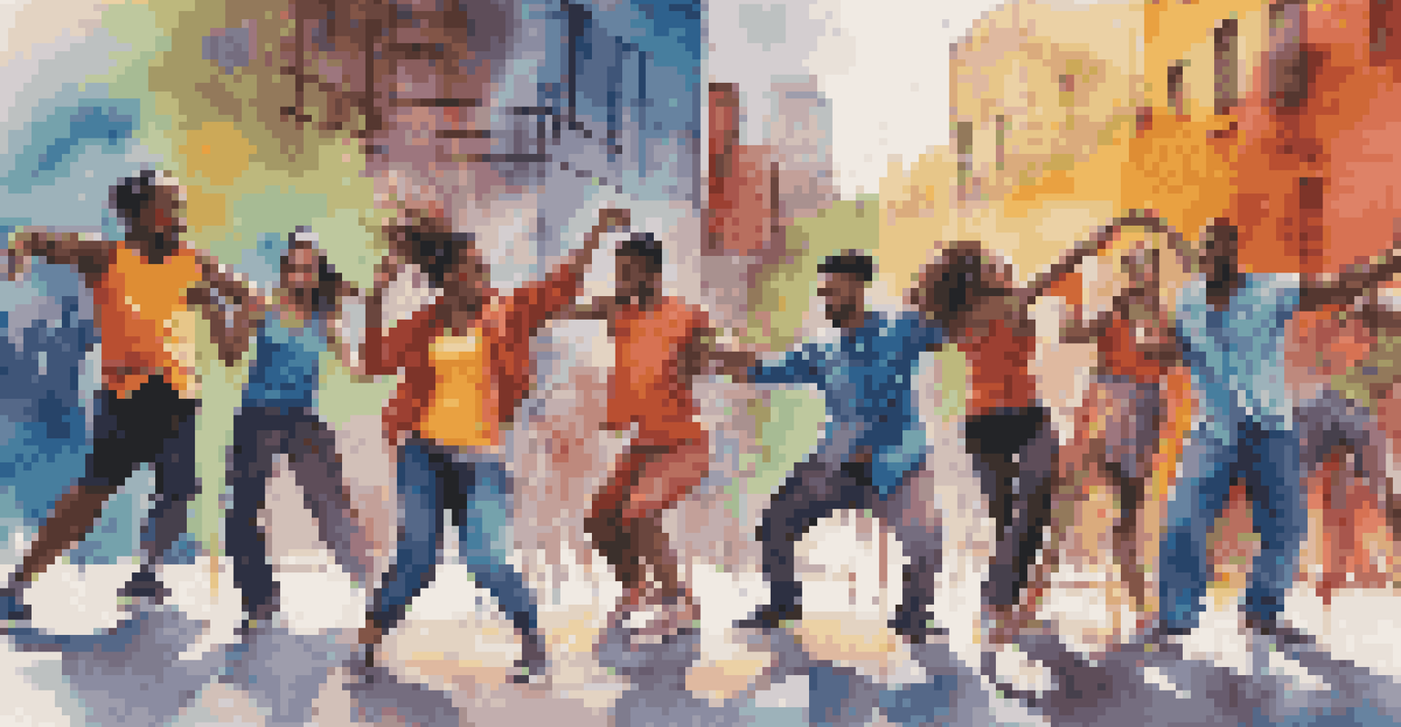 A group of diverse dancers posing dynamically in front of a colorful graffiti wall in an urban setting, showcasing energy and creativity.