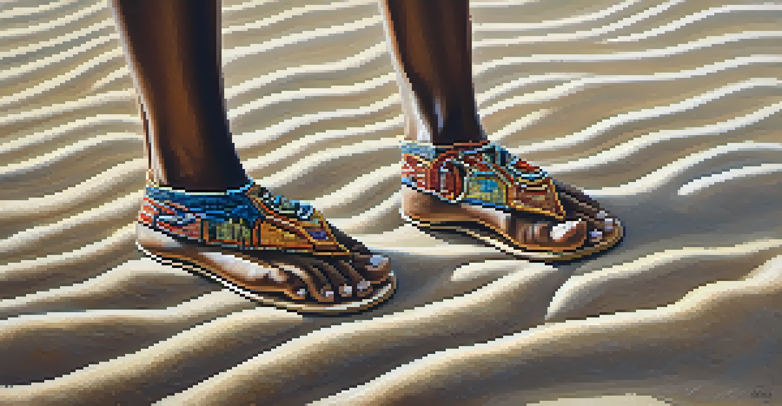 Close-up of a dancer's feet in handmade beaded sandals executing a traditional African dance step on sandy ground.