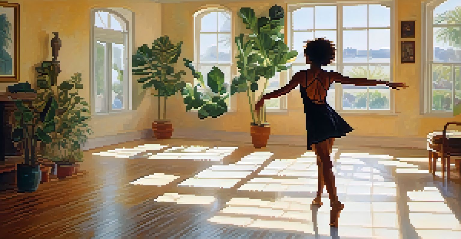 An individual dancing gracefully alone in a sunlit living room filled with plants, reflecting a serene and therapeutic atmosphere.
