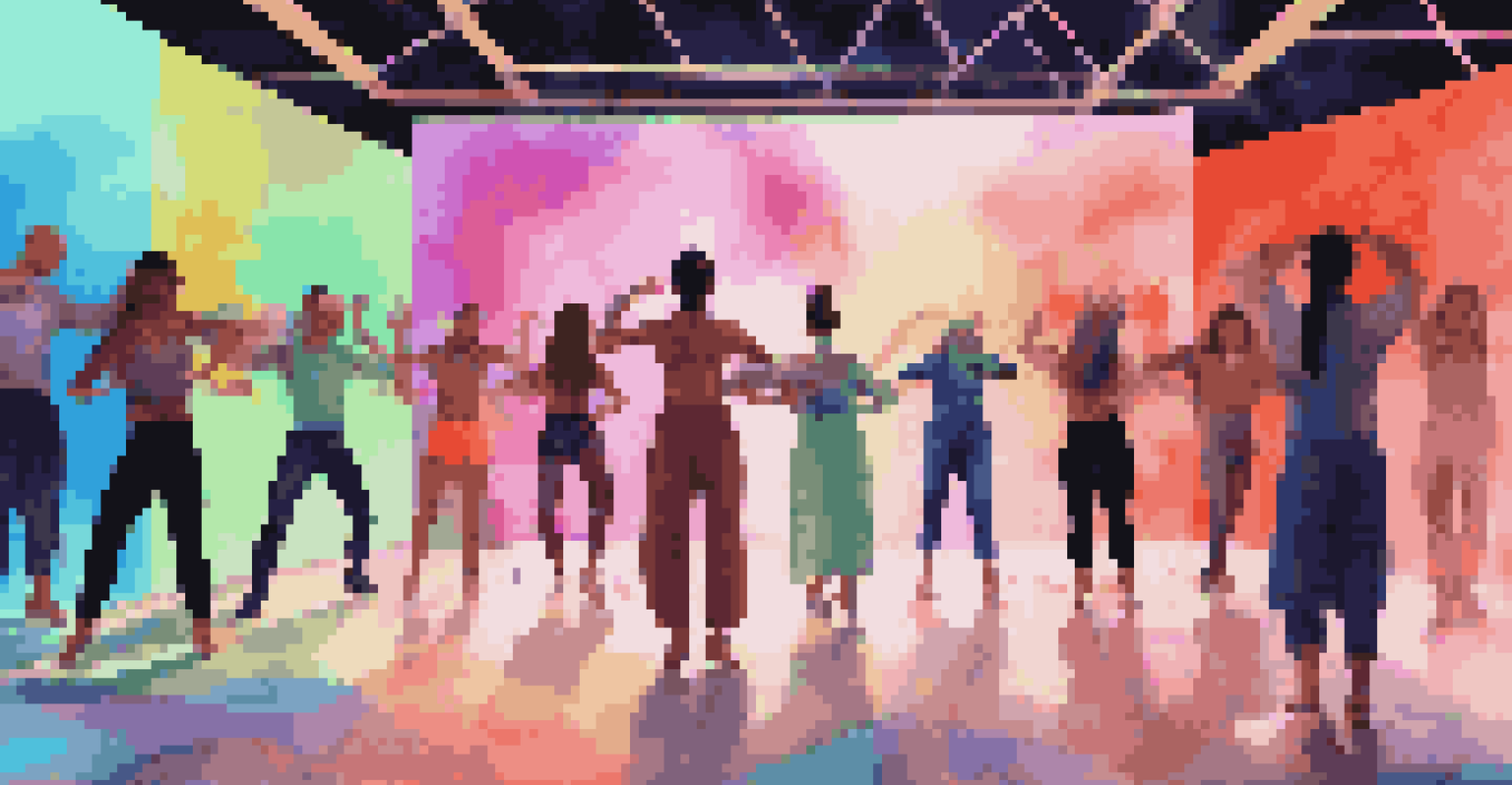 A diverse group of dancers performing with digital artists creating visuals in a vibrant virtual environment, with an engaged audience.
